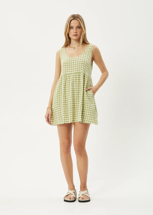 Afends Darcy Jesse - Seersucker Mini Dress - Lemongrass Check HEMP