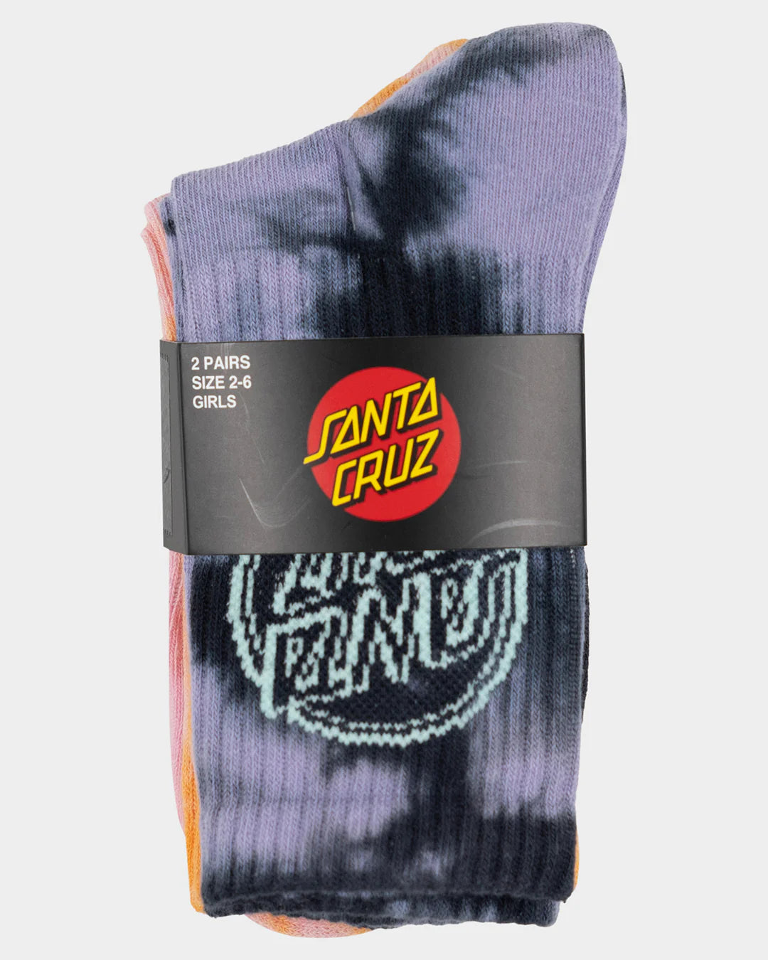Santa Cruz Contra Dot Mono Girls Crew Socks 2 Pack Lavender Tdye-orange Tdye